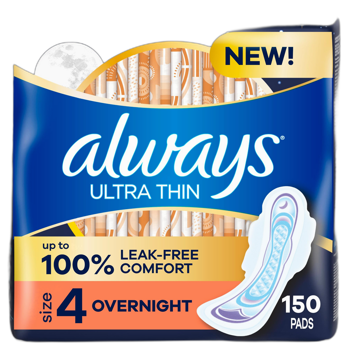 Always Ultra Thin Overnight Pads, Size 4, Overnight, Unscented, 50 Count x 3 Packs (150 Count total) (Packaging May Vary)