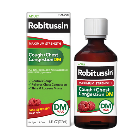 Robitussin Adult Maximum Strength Cough + Chest Congestion DM Max (8 fl. oz. Bottle), Cough Suppressant & Expectorant, Raspberry Flavor