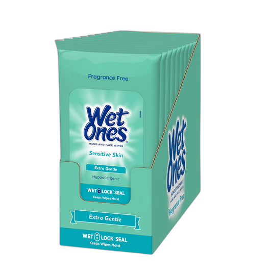 Wet Ones Sensitive Skin Hands and Face Wipes, 20 Count Travel Pack (Pack of 10)