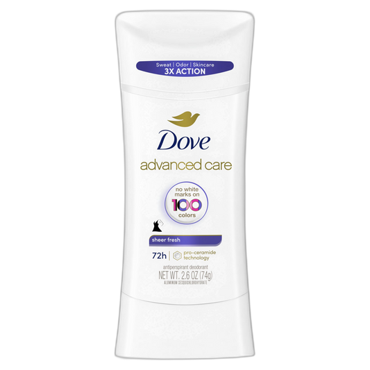Dove Advanced Care Antiperspirant Deodorant Stick Sheer Fresh for Soft, Resilient Skin, with No White Marks & 72-Hour Sweat & Odor Protection, 2.6 oz