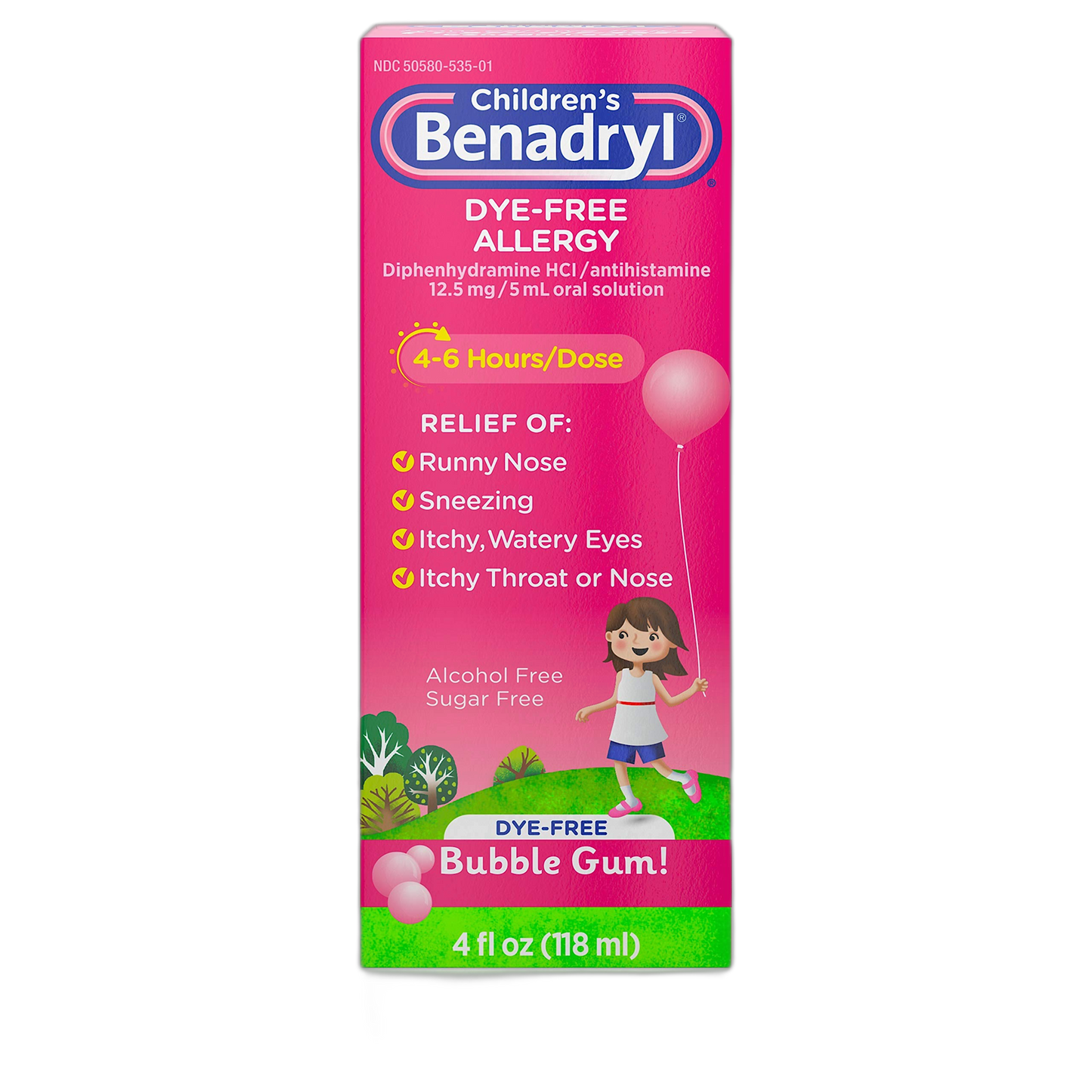 Children’s Benadryl Antihistamine Allergy Relief, Dye-Free Liquid, Bubble Gum Flavored, 4 Oz