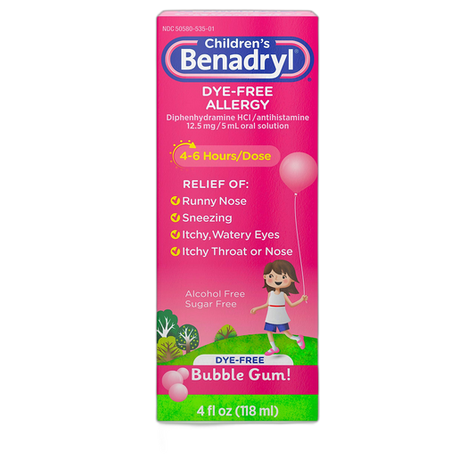 Children’s Benadryl Antihistamine Allergy Relief, Dye-Free Liquid, Bubble Gum Flavored, 4 Oz