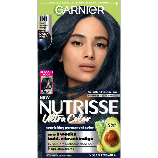 Garnier Hair Color Nutrisse Ultra Color Nourishing Creme, IN1 Dark Intense Indigo (Midnight Iris) Blue Permanent Hair Dye, 1 Count (Packaging May Vary)