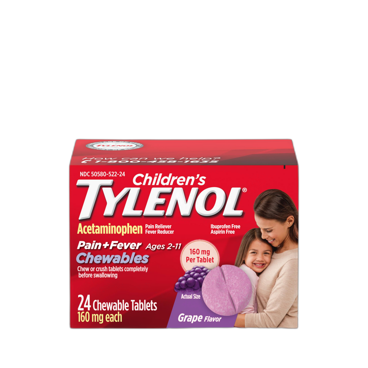 Children's Tylenol Chewables with 160 mg Acetaminophen, Pain Reliever & Fever Reducer for Kids' Cold + Flu Symptoms, Headache, Sore Throat & Toothache, Aspirin-Free, Grape Flavor, 24 ct