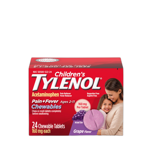 Children's Tylenol Chewables with 160 mg Acetaminophen, Pain Reliever & Fever Reducer for Kids' Cold + Flu Symptoms, Headache, Sore Throat & Toothache, Aspirin-Free, Grape Flavor, 24 ct