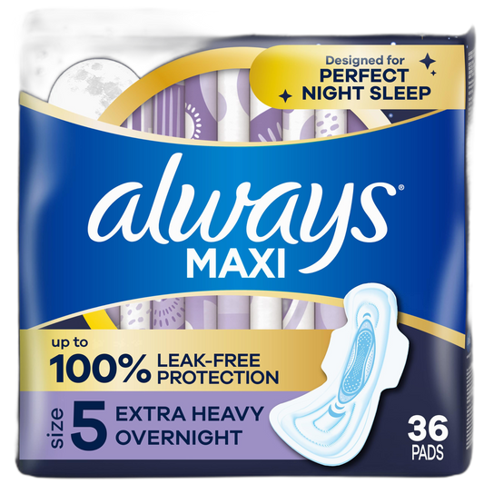 Always Maxi Overnight Pads with Wings for Women, Size 5, Extra Heavy Overnight Absorbency, Unscented, 36 Count (Packaging May Vary)