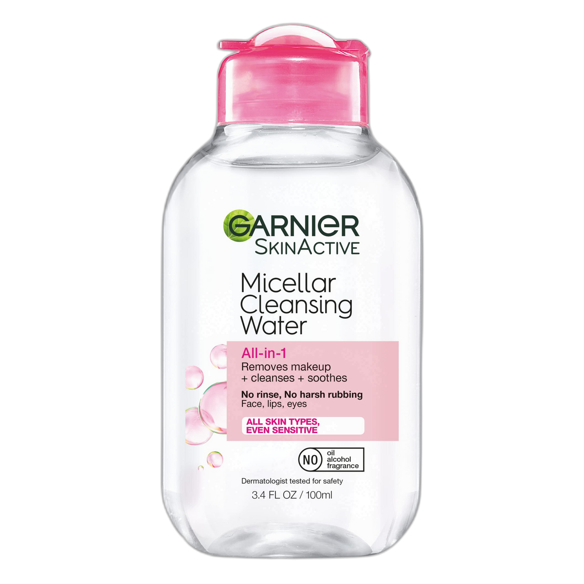 Garnier Micellar Cleansing Water, All-in-1 Makeup Remover and Facial Cleanser, For All Skin Types, 3.4 Fl Oz (100mL), 1 Count (Packaging May Vary)