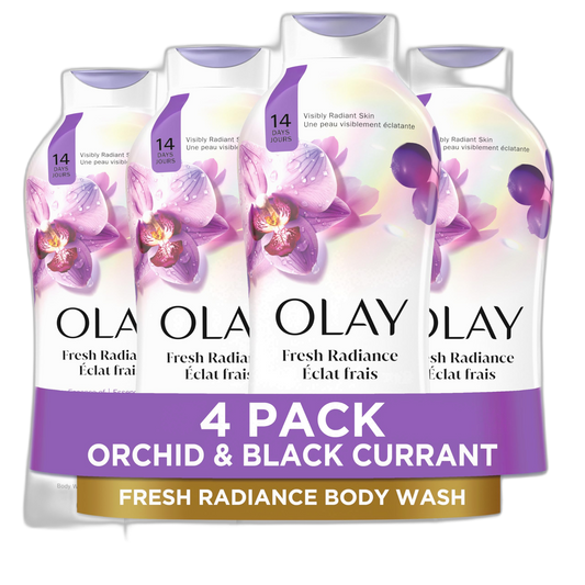 Olay Body Wash for Women, Fresh Radiance, Refreshing & Renewing, Made with Plant Based Cleansers, B3 Botanical Complex, For All Skin Types, Orchid & Black Currant Scent, 22 fl oz (Pack of 4)