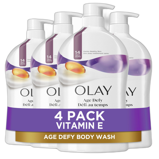 Olay Body Wash for Women, Age Defying with Vitamin E, 24hr Moisturizing, Hydrating & Refreshing, B3 Vitamin Complex, Free of Parabens & Phthalates, For All Skin Types, Scented, 33 fl oz (Pack of 4)