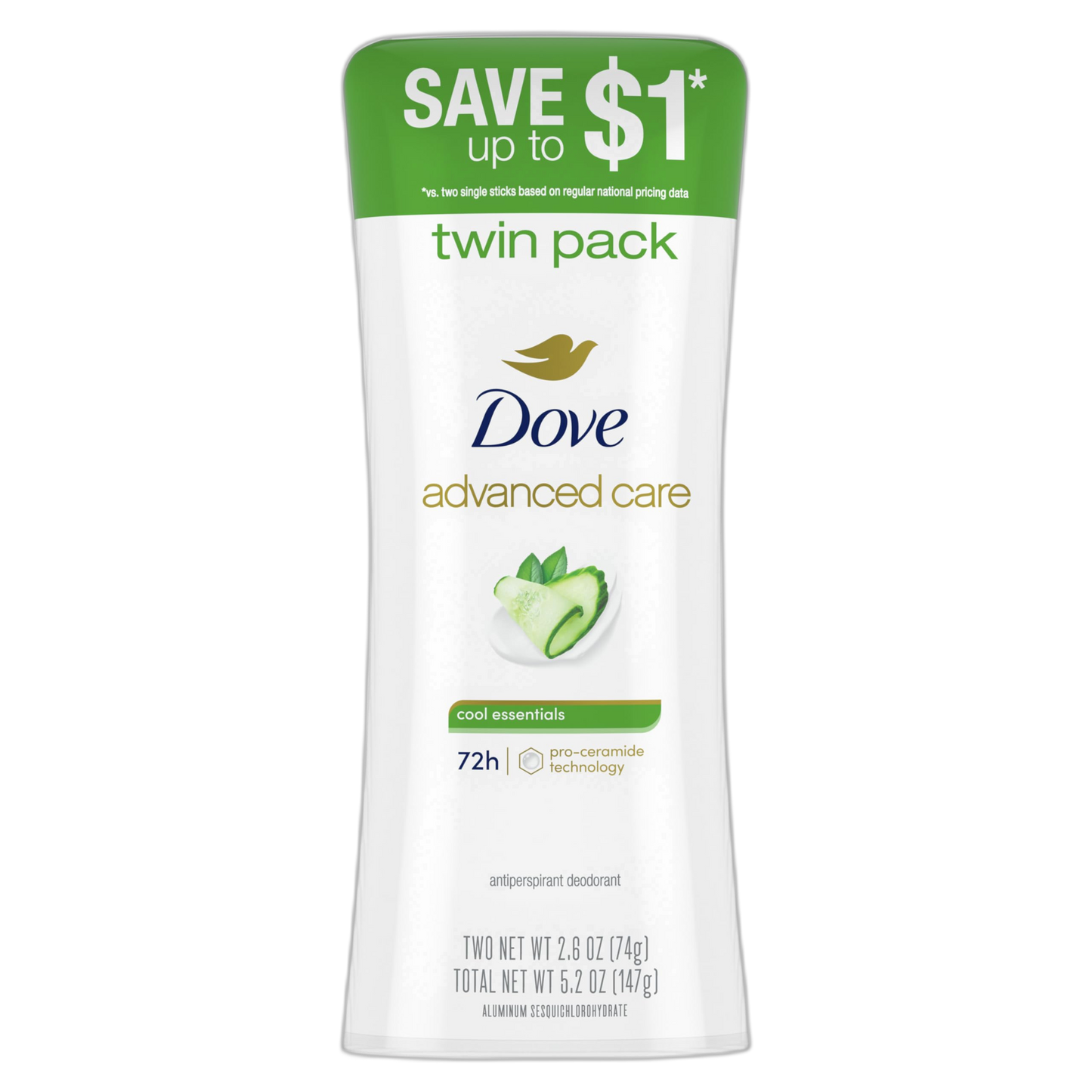 Dove Advanced Care Anti Deo Stick Cool Essentials Twin Pack for helping your skin barrier repair after shaving 72 h odor control and all-day sweat protection with Pro Ceramide Technology 2.6 oz