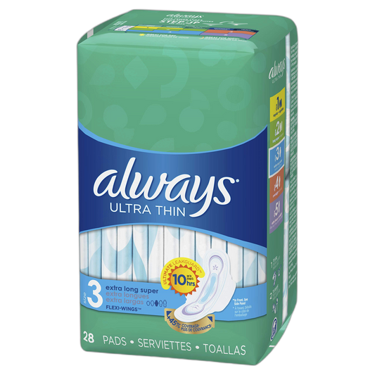Always Ultra Thin Size 3 Extra Long Super Pads With Wings Unscented, 28 Count