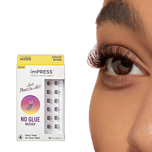KISS imPRESS Falsies Press On Self Adhesive Eyelashes, 12mm-14mm Natural Volume Press On Lashes, Black, No Glue Needed, Invisible Band, 12 Lash Clusters - Authentic