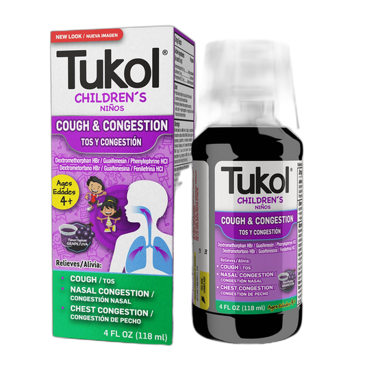 TUKOL Children's Cough Medicine - Cough & Congestion Relief, Chestal Cough Suppressant for Kids, Children's Cold and Cough Medicine, Kids Cough Syrup for Ages 4+ Grape Flavor 4 FL OZ