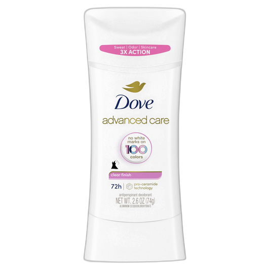 Dove Advanced Care Antiperspirant Deodorant Stick for Soft, Resilient Skin, Clear Finish with No White Marks and 72-Hour Sweat & Odor Protection, 2.6 oz