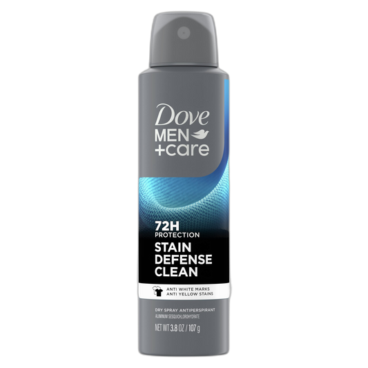 Dove Men+Care Antiperspirant Deodorant Dry Spray Stain Defense Clean For Men Anti-White Marks & Yellow Stains, 72-hour Sweat and Odor Protection with Triple Defense Technology 3.8 oz