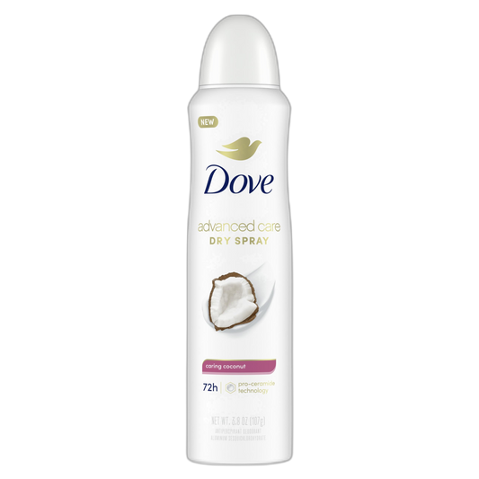 Dove Advanced Care Antiperspirant Deodorant Dry Spray Caring Coconut to help your skin barrier repair after shaving 72hour odor control and all-day sweat protection for soft, resilient underarms 3.8oz