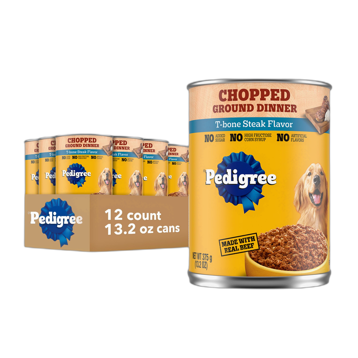 Pedigree Chopped Ground Dinner Adult Canned Soft Wet Dog Food, T-Bone Steak Flavor, 13.2 oz. Cans (12 Count, Pack of 1)