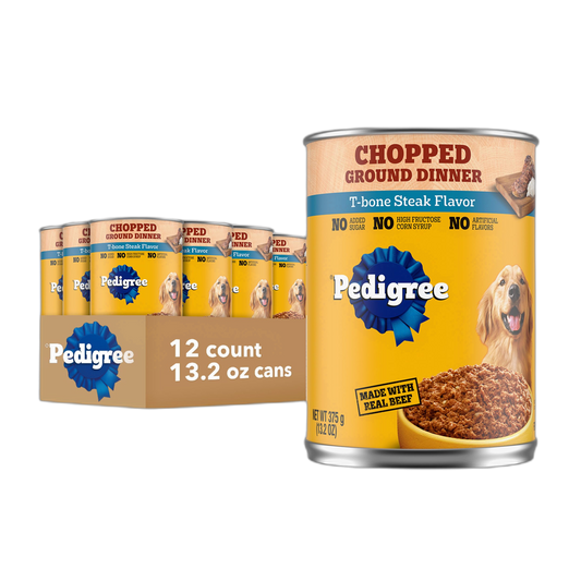 Pedigree Chopped Ground Dinner Adult Canned Soft Wet Dog Food, T-Bone Steak Flavor, 13.2 oz. Cans (12 Count, Pack of 1)