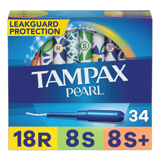 Tampax Pearl Tampons Multipack, Regular/Super Plus Absorbency, With Leakguard Braid, Unscented, 34 Count