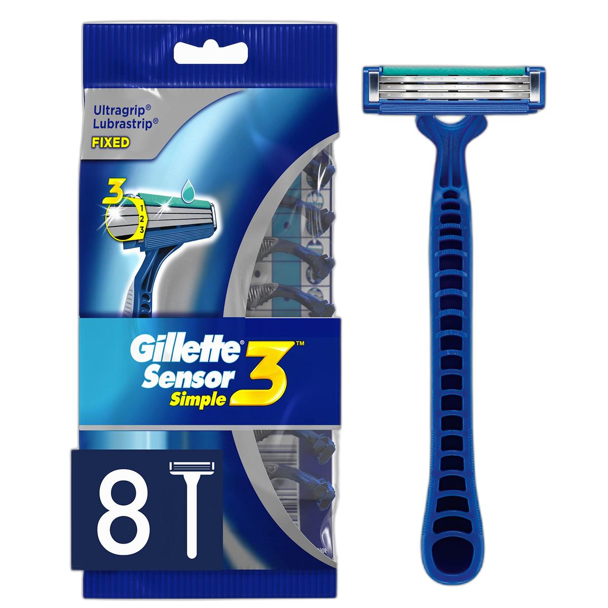 Gillette Sensor3 Simple Men's Disposable Razors, 8 Count