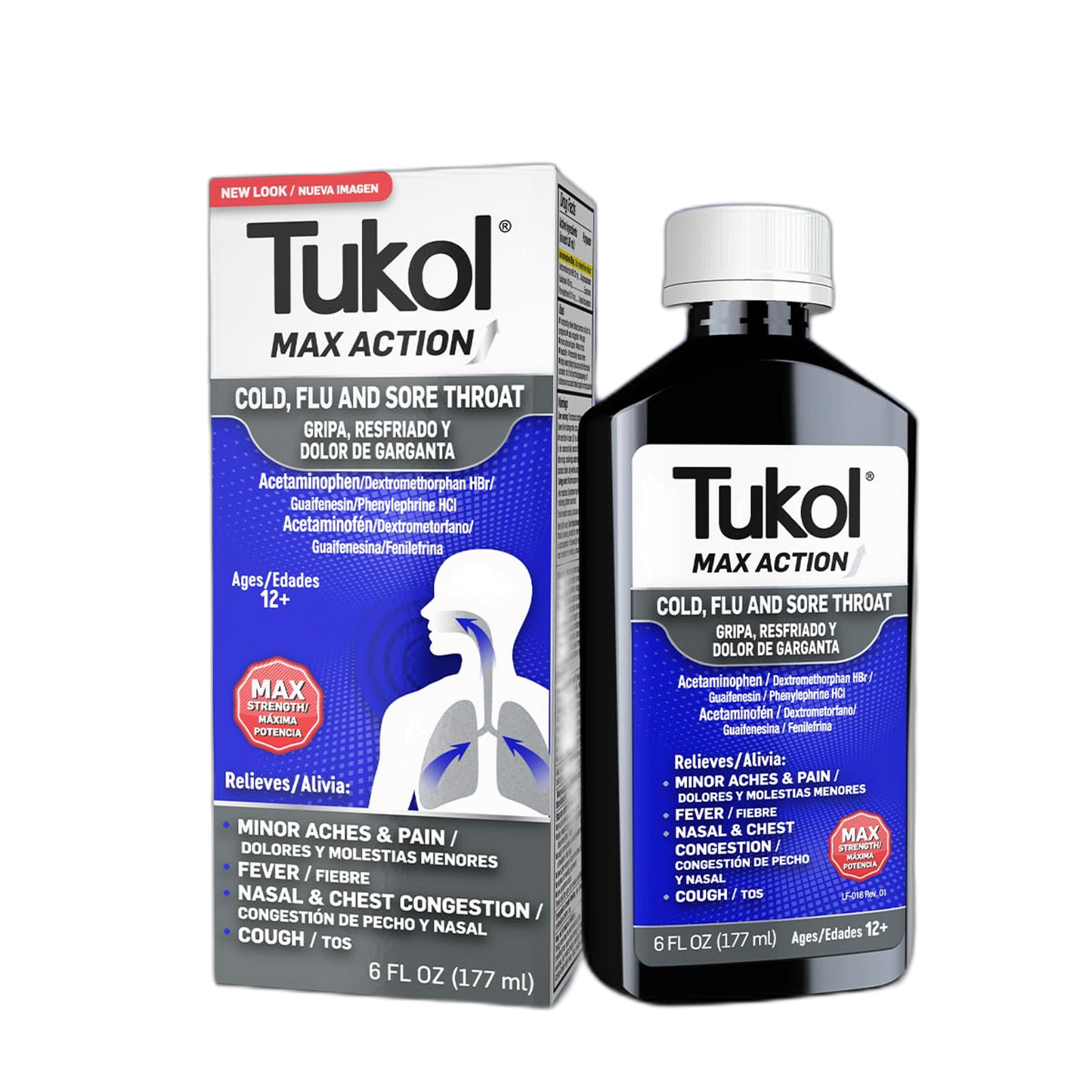 TUKOL Max Action - Cough & Cold Medicine, Cold & Flu Medicine for Adults, Relieves Sore Throat, Fever, Nasal & Chest Congestion, Ages 12 and Up, Max Strength Formula, 6 FL OZ