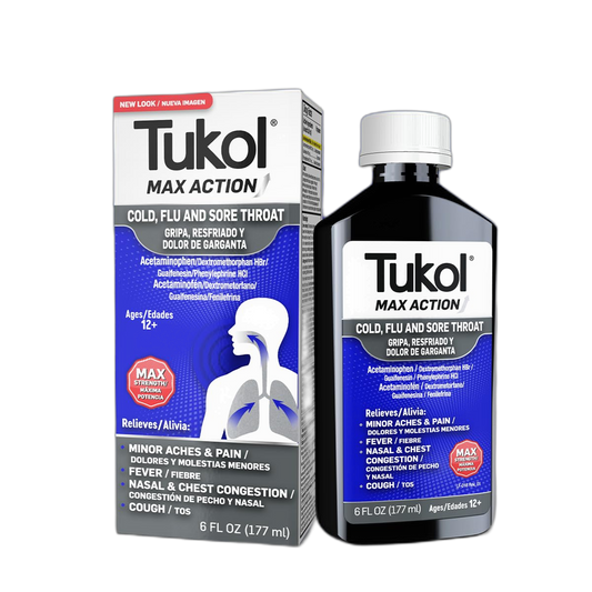 TUKOL Max Action - Cough & Cold Medicine, Cold & Flu Medicine for Adults, Relieves Sore Throat, Fever, Nasal & Chest Congestion, Ages 12 and Up, Max Strength Formula, 6 FL OZ