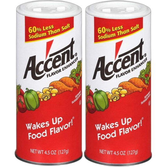 Ac'cent Flavor Enhancer 00054 All Natural 4.5 Oz. Wakes Up Food Flavor Canister (Pack of 2); Ideal for Meats, Poultry, Vegetables, Soups and Salads, Monosodium Glutamate Imparts an Umami Flavor