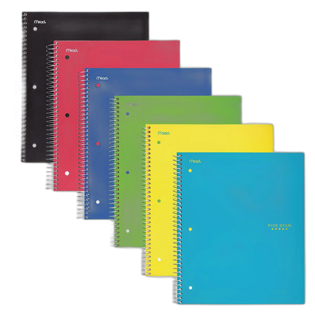 Five Star Spiral Notebooks, 2 Subject, College Ruled Paper, 120 Sheets, 11" x 8-1/2", Assorted Colors, 6 Pack (73529)