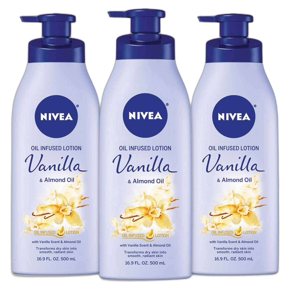 NIVEA Oil Infused Vanilla and Almond Oil Body Lotion for Women, Fast-Absorbing and Non-Greasy Vanilla Scented Lotion Moisturizes for 48 Hours, 16.9 Fl Oz Pump Bottle, Pack of 3