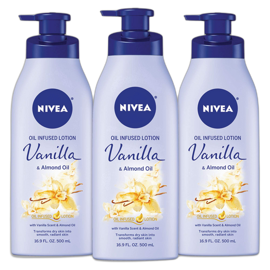 NIVEA Oil Infused Vanilla and Almond Oil Body Lotion for Women, Fast-Absorbing and Non-Greasy Vanilla Scented Lotion Moisturizes for 48 Hours, 16.9 Fl Oz Pump Bottle, Pack of 3