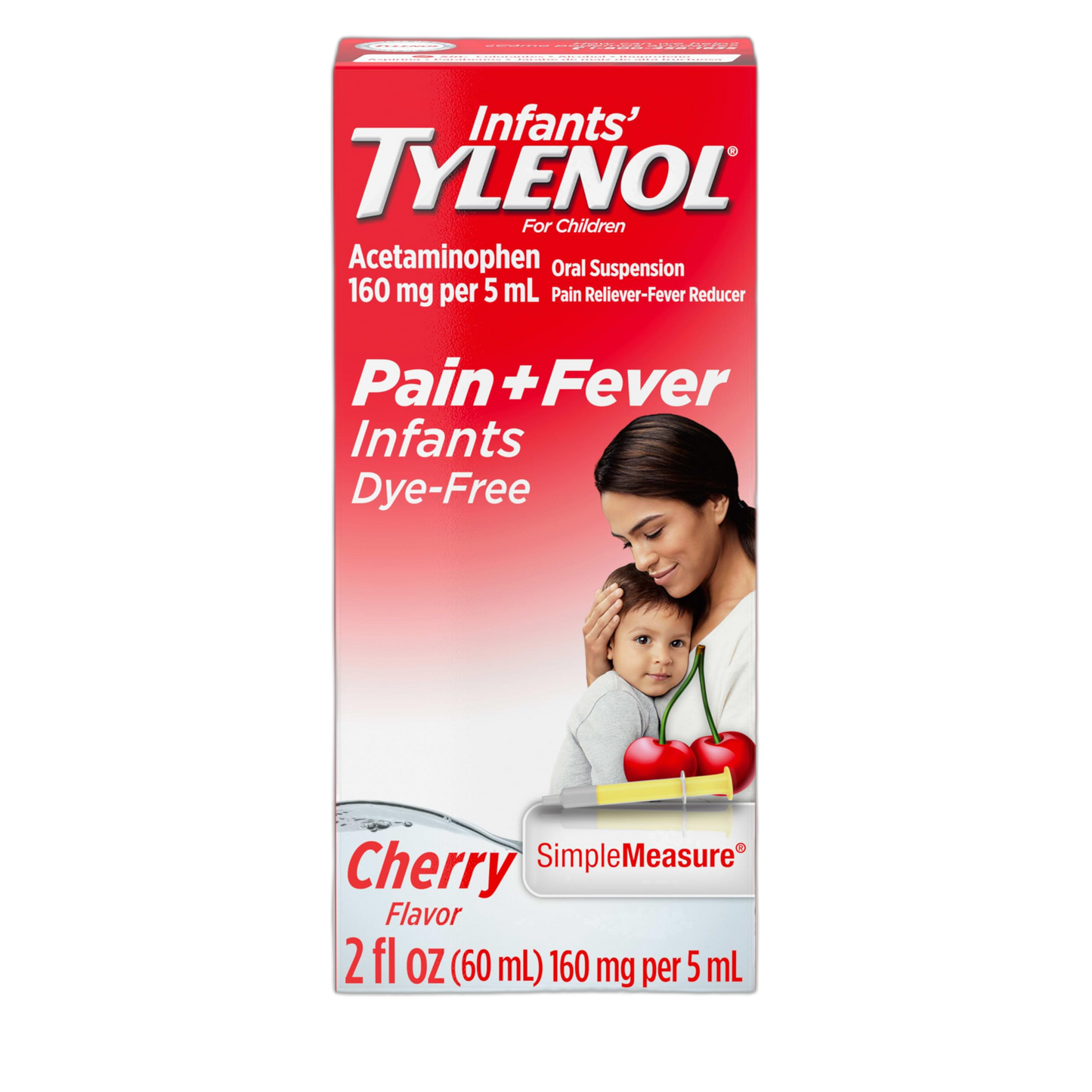 Infants' Tylenol Liquid Pain Relief and Fever Medicine, Oral Suspension, Dye-Free Acetaminophen for Sore Throat, Headache & Teething, Fever Reducer for Kids; Cherry Flavor, 2 fl. oz.; Pack of 1