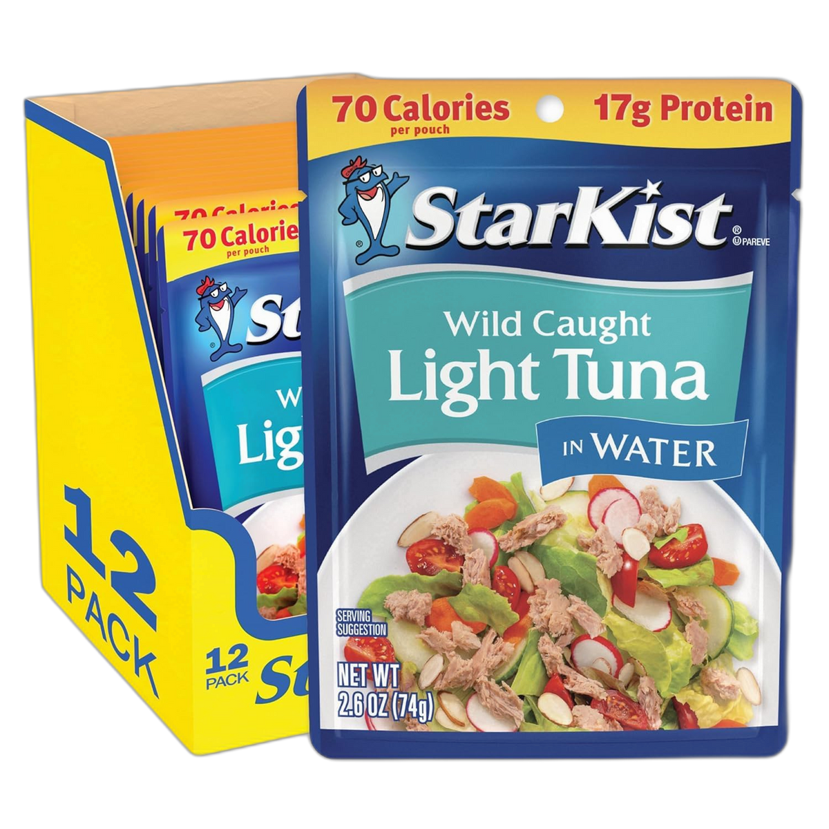 StarKist Chunk Light Tuna in Water, 2.6 oz Pouch (12 Pack) Ready to Eat Wild Caught Tuna, 17g Protein, 70 Calories Per Serving, Gluten Free, Soy Free, Kosher, Perfect for Salads, Keto Meals and Snacks