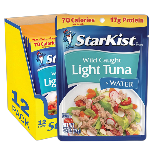 StarKist Chunk Light Tuna in Water, 2.6 oz Pouch (12 Pack) Ready to Eat Wild Caught Tuna, 17g Protein, 70 Calories Per Serving, Gluten Free, Soy Free, Kosher, Perfect for Salads, Keto Meals and Snacks