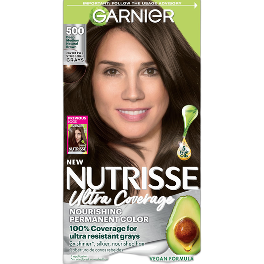Garnier Hair Color Nutrisse Ultra Coverage Nourishing Creme, 500 Deep Medium Natural Brown (Glazed Walnut) Permanent Hair Dye, 1 Count (Packaging May Vary)