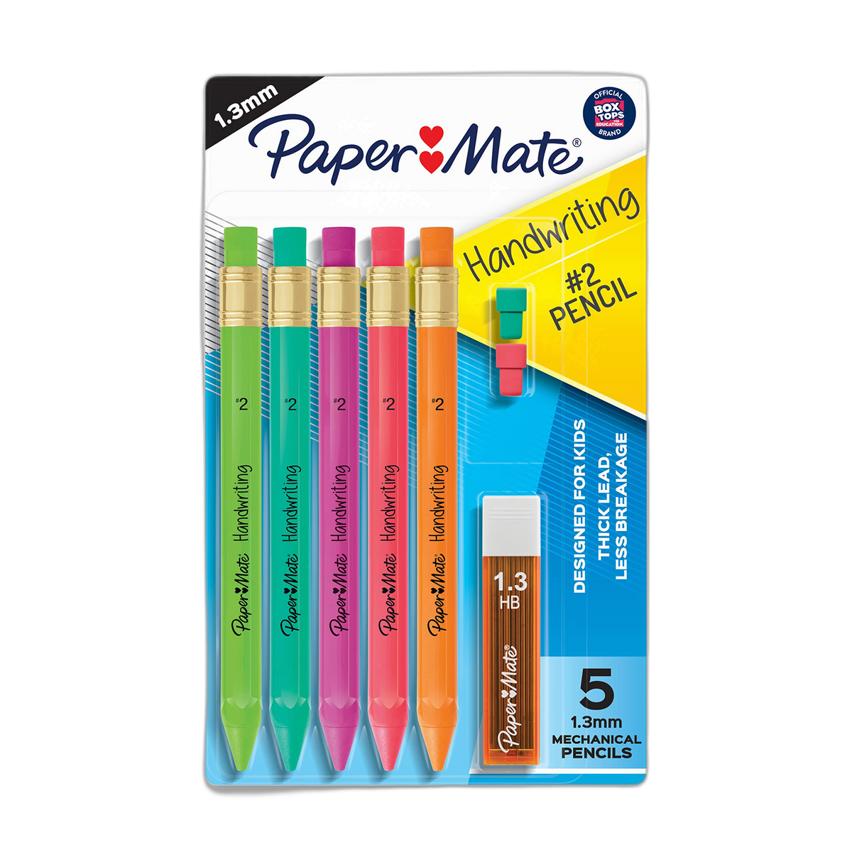 Paper Mate Handwriting Triangular Mechanical Pencil Set with Lead & Eraser Refills, 1.3mm, Back to School, Teacher Supplies, Home, Sketching, Drafting, Fun Barrel Colors, 8 Count