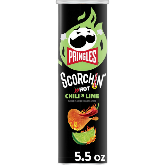 Pringles Scorchin' Potato Crisps Chips, Spicy Snacks, On-the-Go Snacks, Chili and Lime, 5.5oz Can (1 Can)