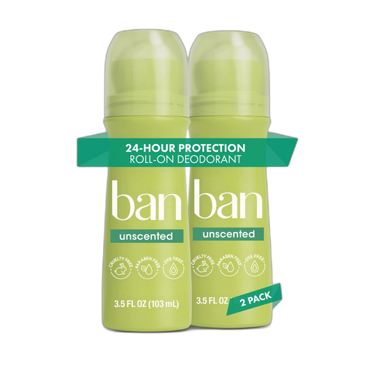 Ban Invisible Roll-on Antiperspirant Deodorant for Women and Men, 24-hour Underarm Odor & Sweat Protection, Unscented, 3.5 Oz, Pack of 2