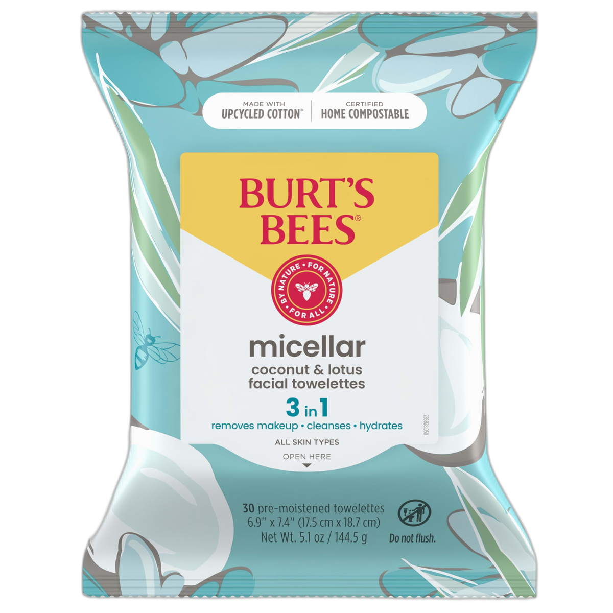 Burt's Bees Micellar Facial Towelettes With Coconut and Lotus, Pre-Moistened Towelettes for All Skin Types, 99.5 Percent Natural Origin Skin Care, 30 ct. Package