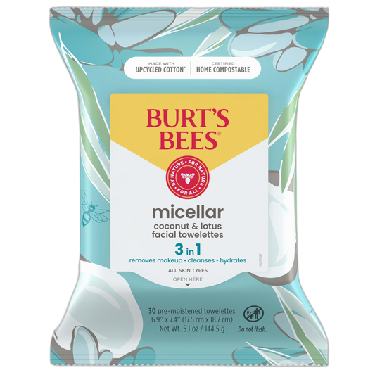 Burt's Bees Micellar Facial Towelettes With Coconut and Lotus, Pre-Moistened Towelettes for All Skin Types, 99.5 Percent Natural Origin Skin Care, 30 ct. Package