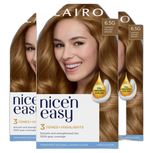 Clairol Nice'n Easy Permanent Hair Dye, 6.5G Lightest Golden Brown Hair Color, Pack of 3