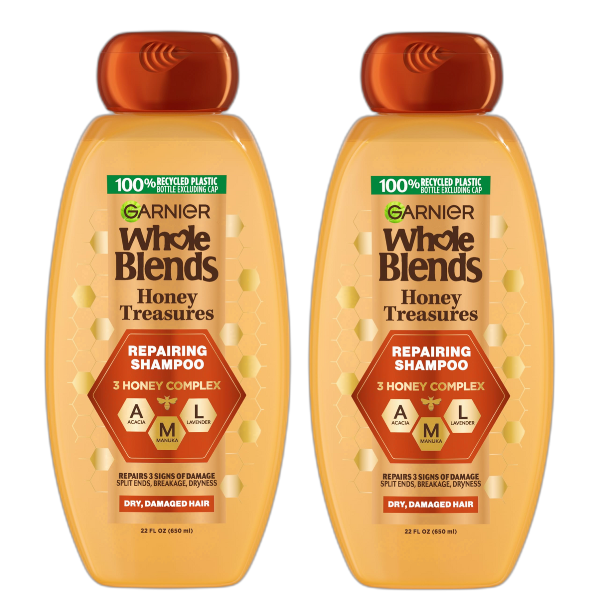 Garnier Whole Blends Honey Treasures Repairing Shampoo, for Dry, Damaged Hair, 22 Fl Oz, 2 Count (Packaging May Vary)