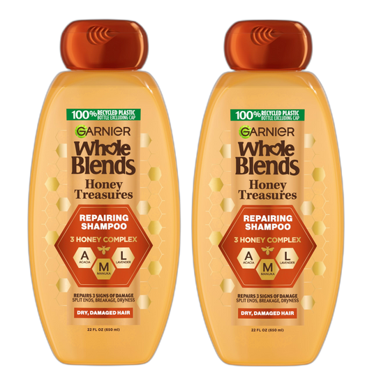 Garnier Whole Blends Honey Treasures Repairing Shampoo, for Dry, Damaged Hair, 22 Fl Oz, 2 Count (Packaging May Vary)
