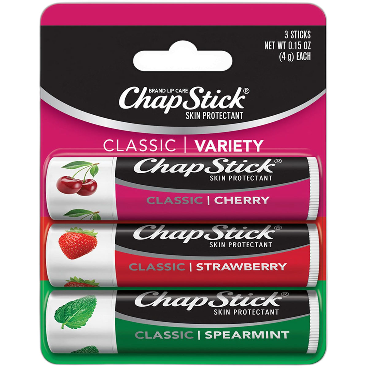 ChapStick Lip Care Set, Classic Collection 3-Pack – Spearmint, Cherry, and Strawberry Lip Balm, 0.15 Ea