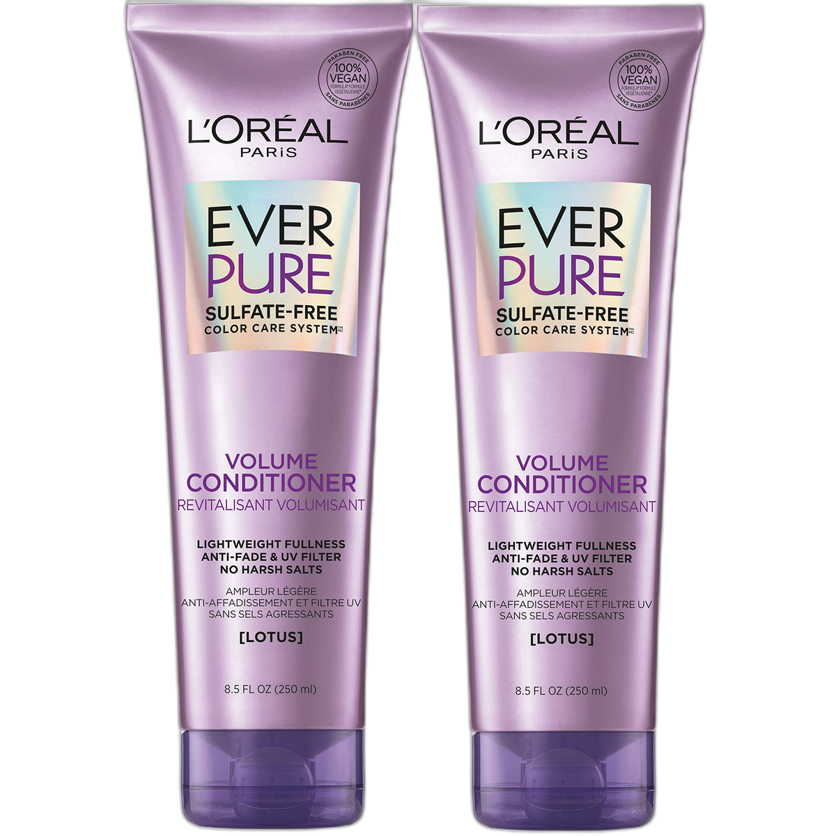 L'Oreal Paris EverPure Volume Sulfate Free Conditioner for Color-Treated Hair, Volume + Shine for Fine, Flat Hair, with Lotus Flower, 2 Count (8.5 Fl; Oz each) (Packaging May Vary)