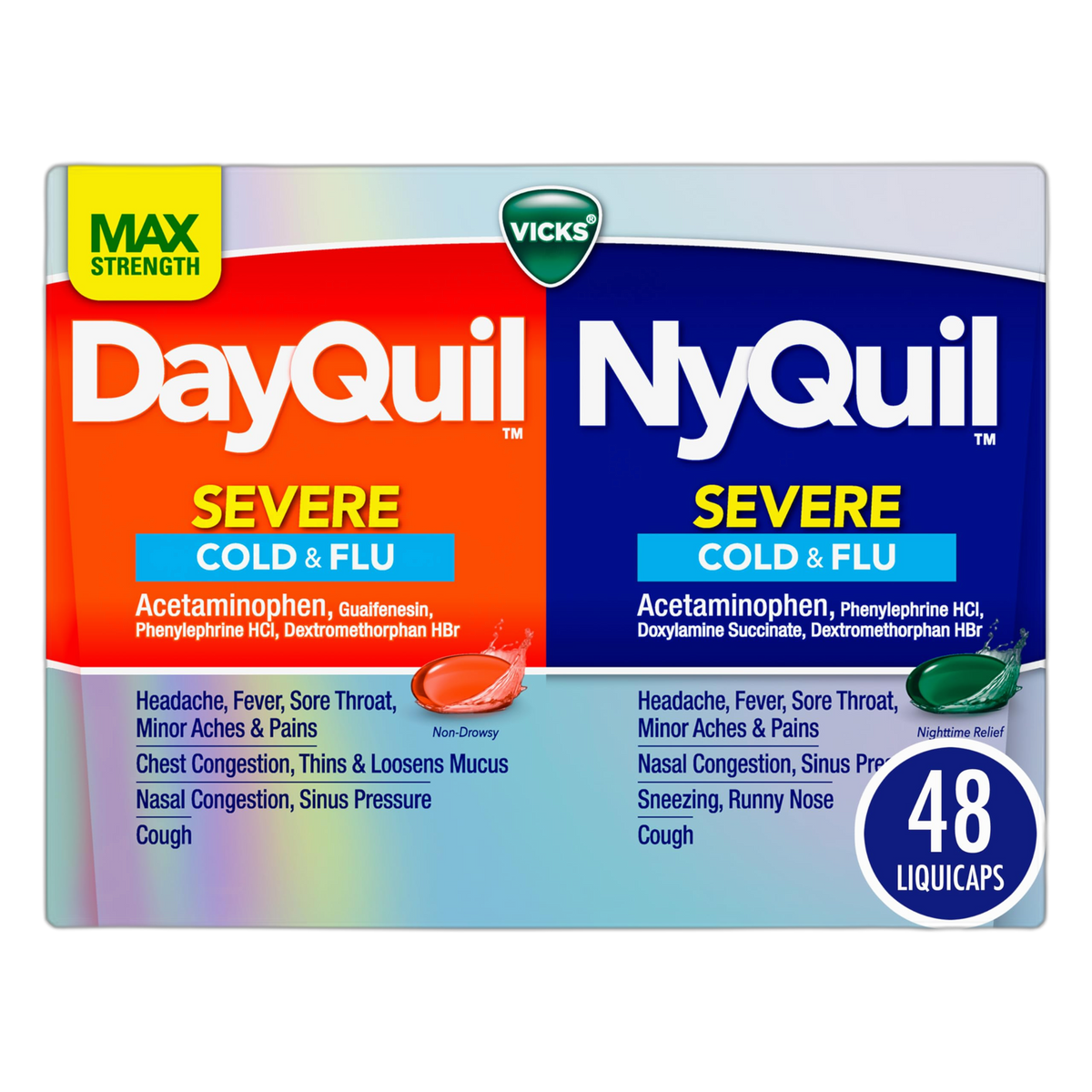 VICKS DayQuil & NyQuil SEVERE Co-Pack, Cold & Flu Medicine, Powerful Relief for Headache, Fever, Sore Throat, Minor Aches & Pains, Congestion, Sinus Pressure, Stuffy Nose, and Cough, 48 LiquiCaps