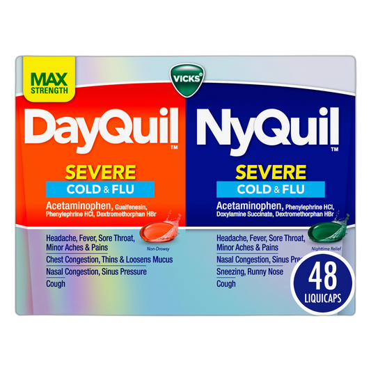 VICKS DayQuil & NyQuil SEVERE Co-Pack, Cold & Flu Medicine, Powerful Relief for Headache, Fever, Sore Throat, Minor Aches & Pains, Congestion, Sinus Pressure, Stuffy Nose, and Cough, 48 LiquiCaps