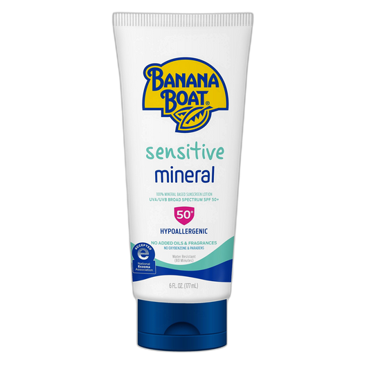 Banana Boat Sensitive 100% Mineral Sunscreen Lotion SPF 50, 6oz | Body Sunscreen, Sensitive Skin Sunblock, Oxybenzone Free Sunscreen, Banana Boat Mineral Sunscreen SPF 50, 6oz