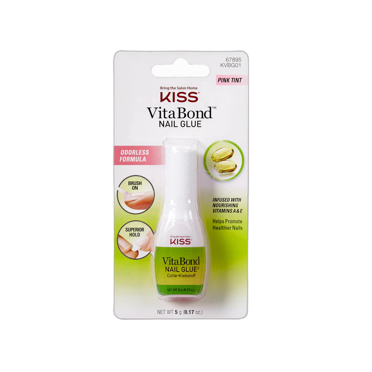 KISS VitaBond Brush-On Nail Glue for Press On Nails, Ultra Hold Odorless Nail Adhesive, Vitamin A & E Infused, Pink Tint, Twist-Off Cap & Brush Applicator, 5g (0.17 oz.)