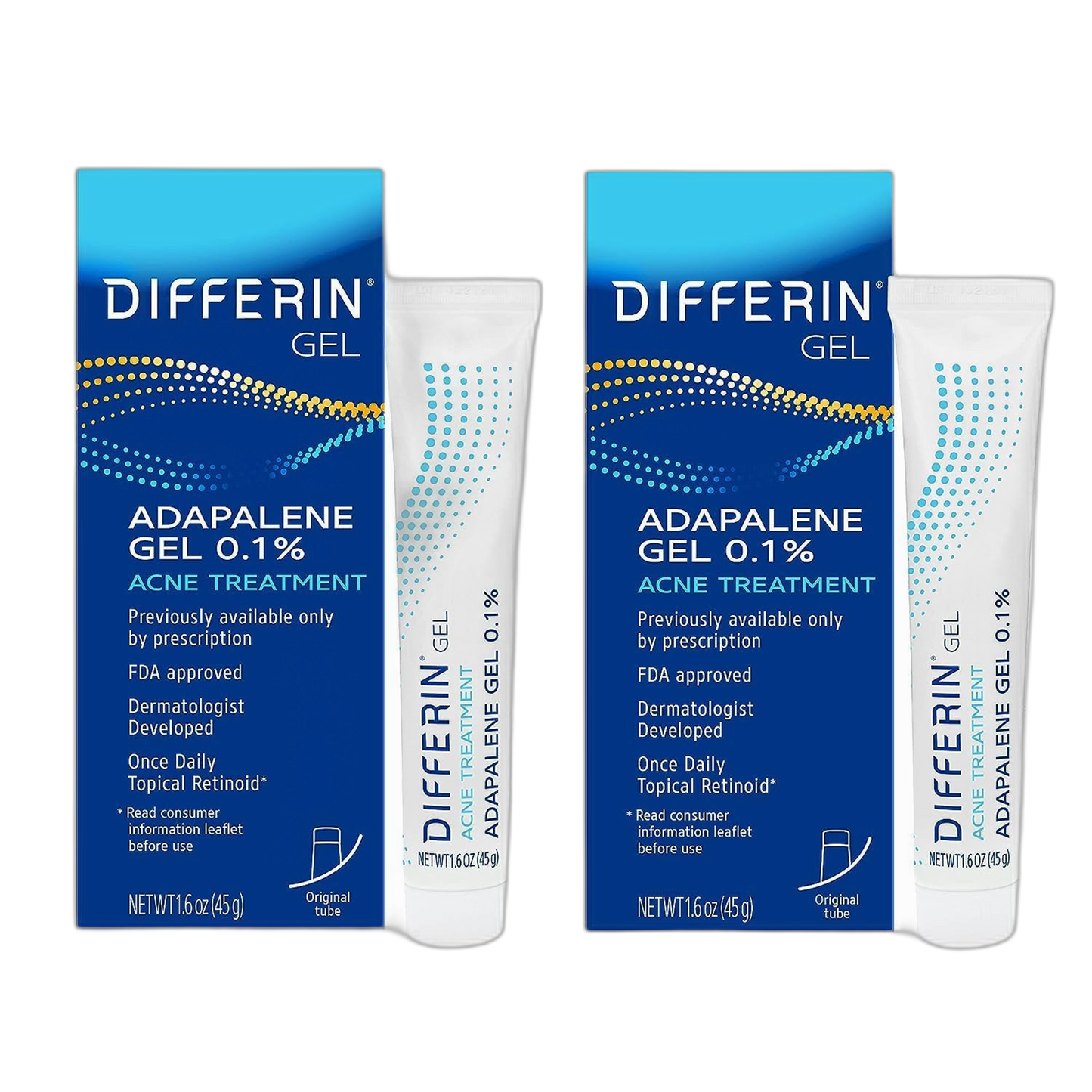 Differin Acne Treatment Gel, 180 Day Supply, Retinoid Treatment for Face with 0.1% Adapalene, Gentle Skin Care for Acne Prone Sensitive Skin, 45g Tube, Pack of 2 (Packaging May Vary)