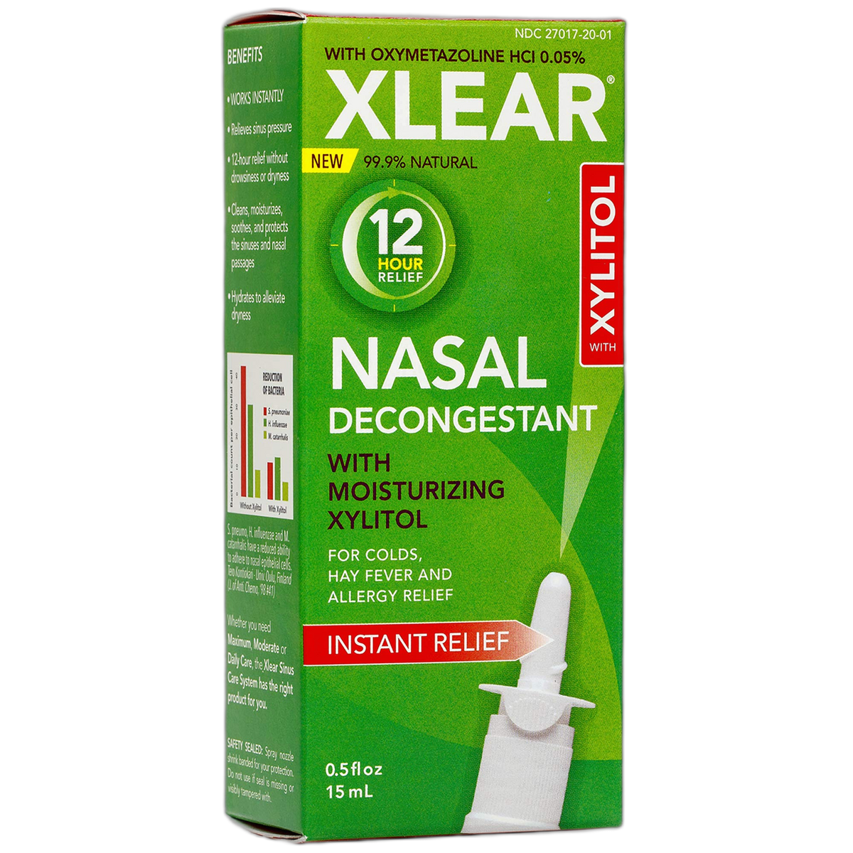 Xlear 12-Hour Natural Saline Nasal Decongestant Spray with Xylitol and Oxymetazoline, Instant Sinus Pressure and Congestion Relief for Kids and Adults 0.5 fl oz (Pack of 2)